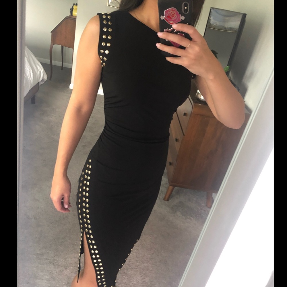 Michael Kors Black Jersey Dress Gold Studs Slit